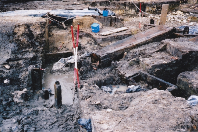 The double horizontal-wheeled tidal mill at Ebbsfleet, Kent under excavation by Oxford Wessex Archaeology (MWAT-011)