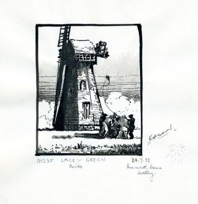 The windmill at Lacey Green, Buckinghamshire which was built c.1650 is believed to be England’s oldest surviving smock mill (Drawing K. Wood, Mills Archive Collection, Wood-M235)