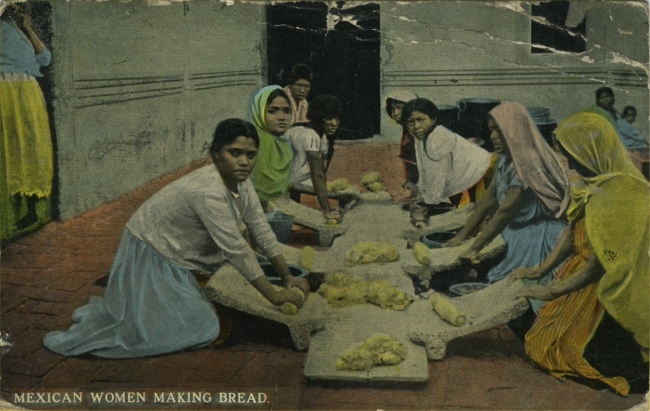 Mexican women making cornbread, 1916. Maize or cornmeal forms an important part of the Central American diet. It is also a staple food in Africa (Postcard from the Mills Archive Collection, WPAC-1127620)