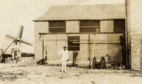 Building and distant windmill