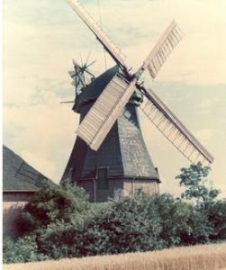 Preserved smock mill at unidentified location in Schleswig-Holstein, West Germany, summer 1974