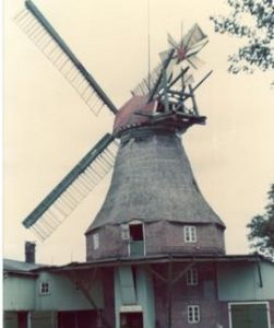 Preserved smock mill at unidentified location in Schleswig-Holstein, West Germany, summer 1974