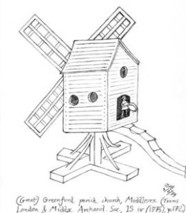 Image of post mill from church window