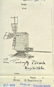 Pen drawing of the toe mill at Uusikirkko, Karelia