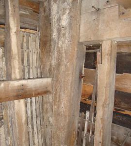 Detail of framing showing gunstock head corner post, Six Mile Bottom Mill, Burrough Green