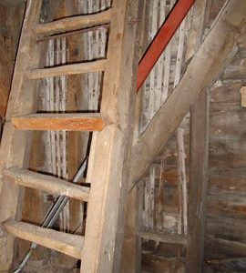 Spout floor framing and ladder to stone floor, Six Mile Bottom Mill, Burrough Green