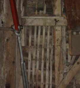 Lathwork on spout floor framing, Six Mile Bottom Mill, Burrough Green
