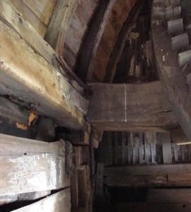 Tailwheel, sprattle beam and detail of stone floor framing, Six Mile Bottom Mill, Burrough Green