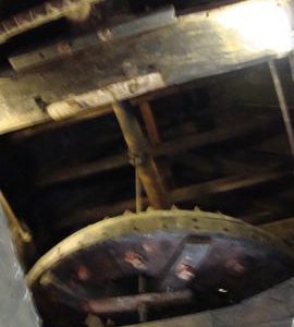 Looking up at wallower from bin floor, tower mill, Bidston