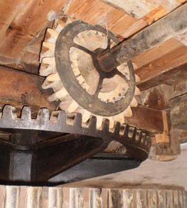 Secondary great spur wheel and sack hoist drive nut, tower mill, Billingford