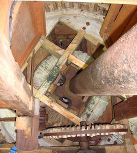 Brakewheel, windshaft, sack hoist drive and wallower, Church Street Windmill, Bocking