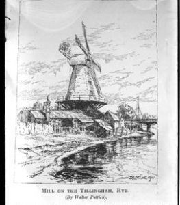 Photograph of page from book showing sketch of smock mill