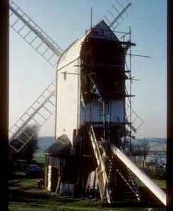 Jill Mill, Clayton, scaffolded for repair, with new sails and tailpole in place