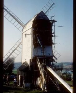 Jill Mill, Clayton, scaffolded for repair, with new sails and tailpole in place
