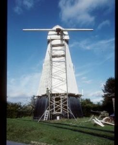 North Common Mill, Chailey, scaffolded for repair with cap and one stock in place
