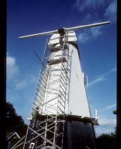 North Common Mill, Chailey, scaffolded for repair with cap and one stock in place