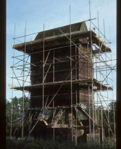 Lowfield Heath Mill, Charlwood, derelict, without sails or roundhouse roof, scaffolded for repair