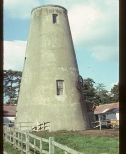 Preserved tower with engine drive pulley, tower mill, Bidborough