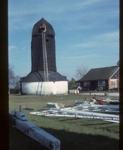 Outwood Post Mill, Outwood, preserved with sails removed for repair