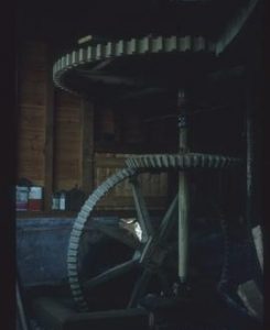 Interior view of wooden watermill building