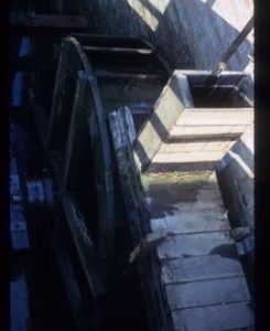 Looking down onto new launder and wheel, Batemans Mill, Burwash