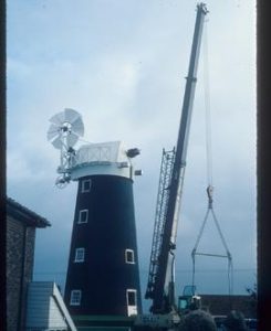 High Street Mill, Wicklewood, restored with cap and fantail no sails yet (cap just lifted into place