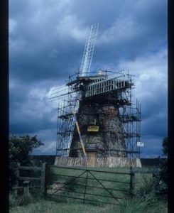 Halnaker Mill, Boxgrove, externally restored with sails, scaffolded for repair