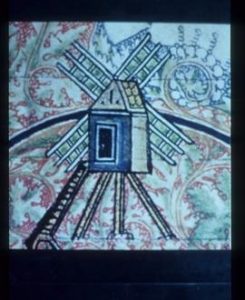 Illustration of open-trestle post mill from illuminated manuscript