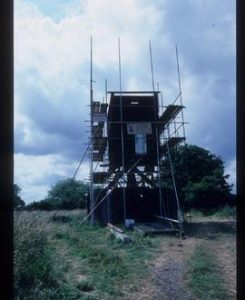 Post mill scaffolded for removal to Charlwood