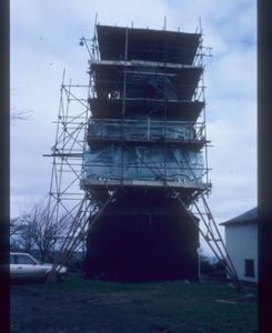 Hogg Hill Mill, Icklesham, sweepless and scaffolded for repair