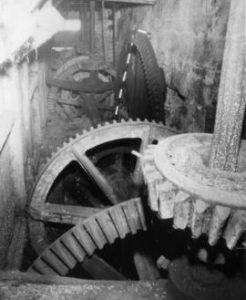 Interior showing line shaft and driven gears, Demesnes Mill, Barnard Castle