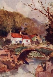 Painting of river, bridge and buildings
