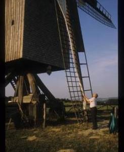 Man setting cloths on sails of restored open-trestle post mill