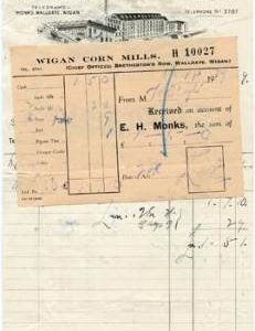 Bill from E H Monks of Walgate, Wigan Corn Mills, Wallgate, Wigan