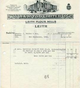 Bill from A & R Tod Limited, Leith Flour Mills, Leith
