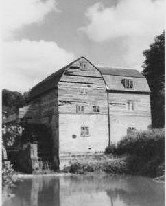 Castle Mill, Dorking, wheel and tail race, sign "W&H Atkins"