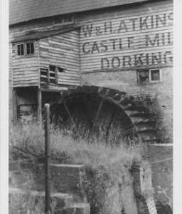 Castle Mill, Dorking, wheel and tail race, sign "W&H Atkins"