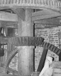 Shalford Mill, Shalford, internal, pit wheel and wallower, spur wheel