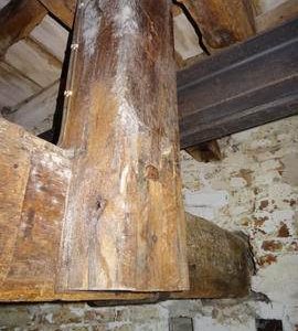 Timber connecting upright shaft support frame with ceiling, Barnet Gate Mill, Arkley