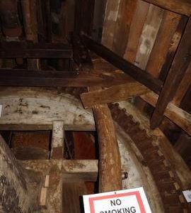 Brakewheel and sack hoist/machine drive support frame, post mill, Bourn