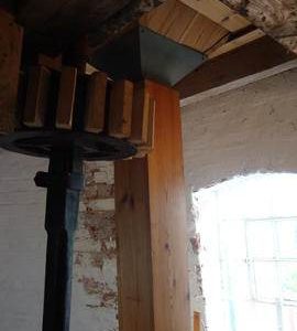 Stone nut, quant and chute from bins, tower mill, Heapham