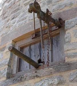 External sack hoist(?) and layshaft of engine drive (pulley missing), Stembridge Mill, High Ham