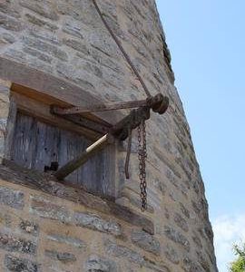 External sack hoist(?) and engine drive layshaft, Stembridge Mill, High Ham