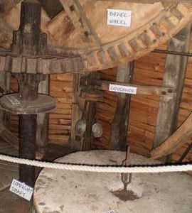 Brakewheel, wallower, upright shaft with belt drum for governor, governor and (right) stones, post m