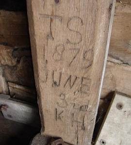 Carved inscription on timber on spout floor, post mill, Kibworth Harcourt
