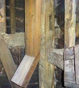 Front right corner post and spout, Pitstone Windmill, Pitstone