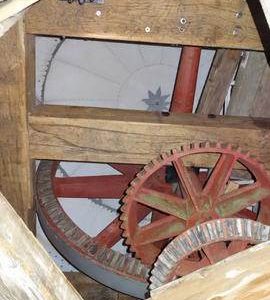 Brakewheel, wallower, windshaft, sack hoist drive and cap roof, tower mill, Quainton