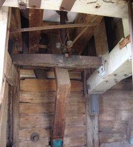 Spout floor breast framing, showing head governor(2), bridgetree and brayer, post mill, Ramsey