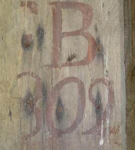 1802 date on upright post of upright shaft support frame (initials stand for Thomas Beard), New Mill