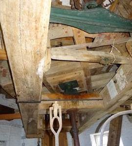 Great spur wheel, upright shaft support frame, bridgetree and stone nut, Downfield Mill, Soham